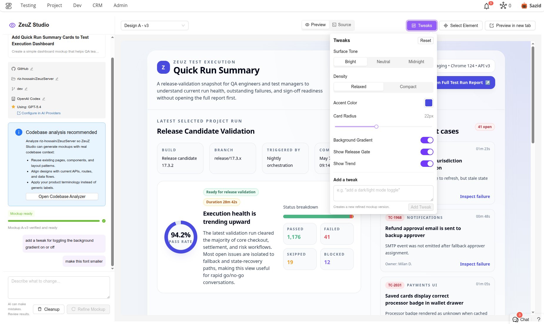 ZeuZ AI Studio — dashboard mockup with tweaks panel